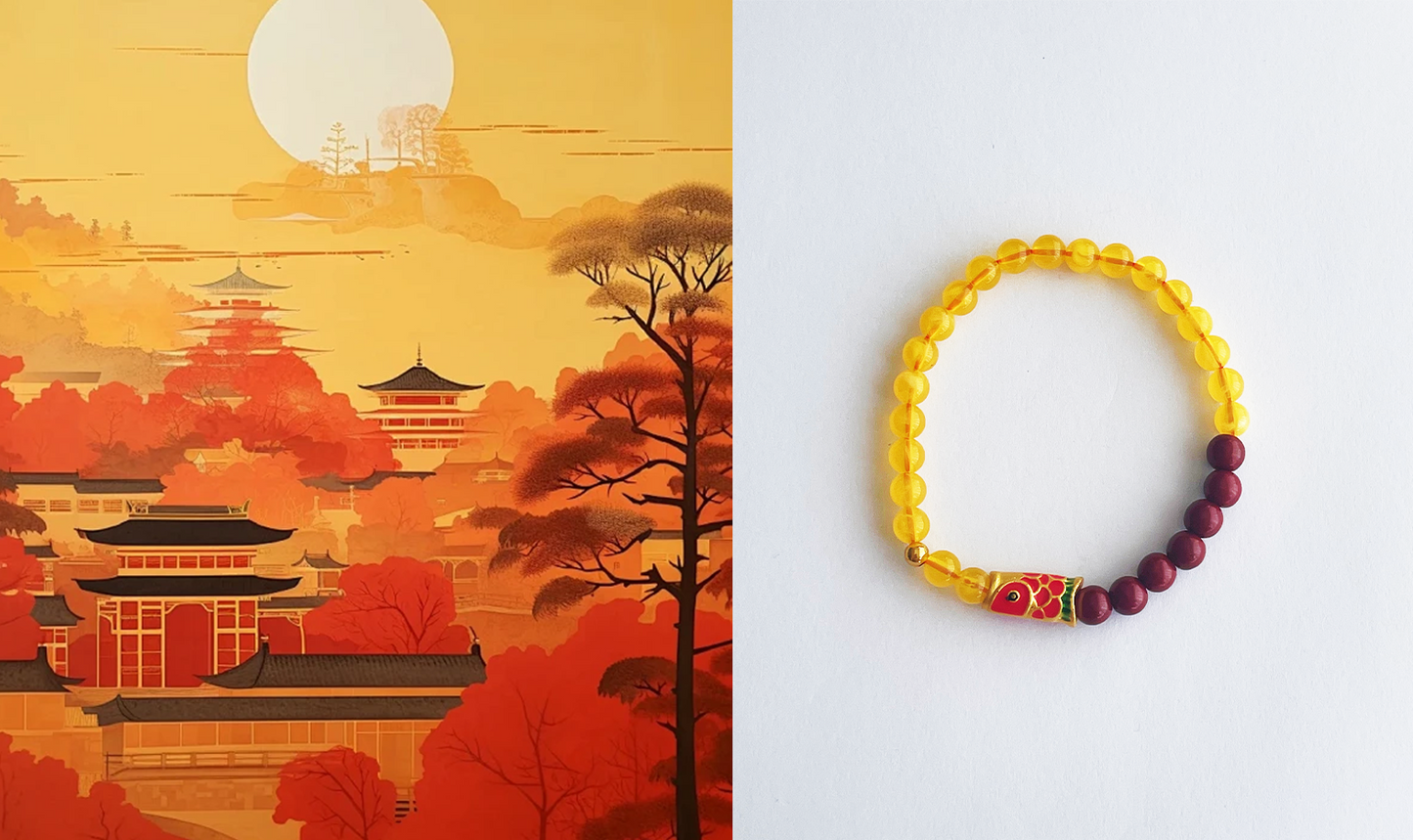 HEALTH CALM LUCK natural yellow amber red Cinnabar KOI charm beads bracelet Minimalist.