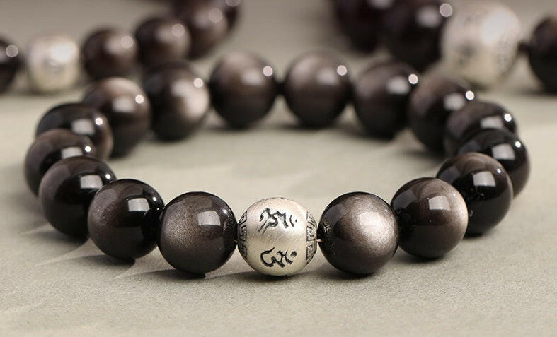Natural Obsidian Six-Word Mantra Bracelet – Protection and Spiritual Wisdom.