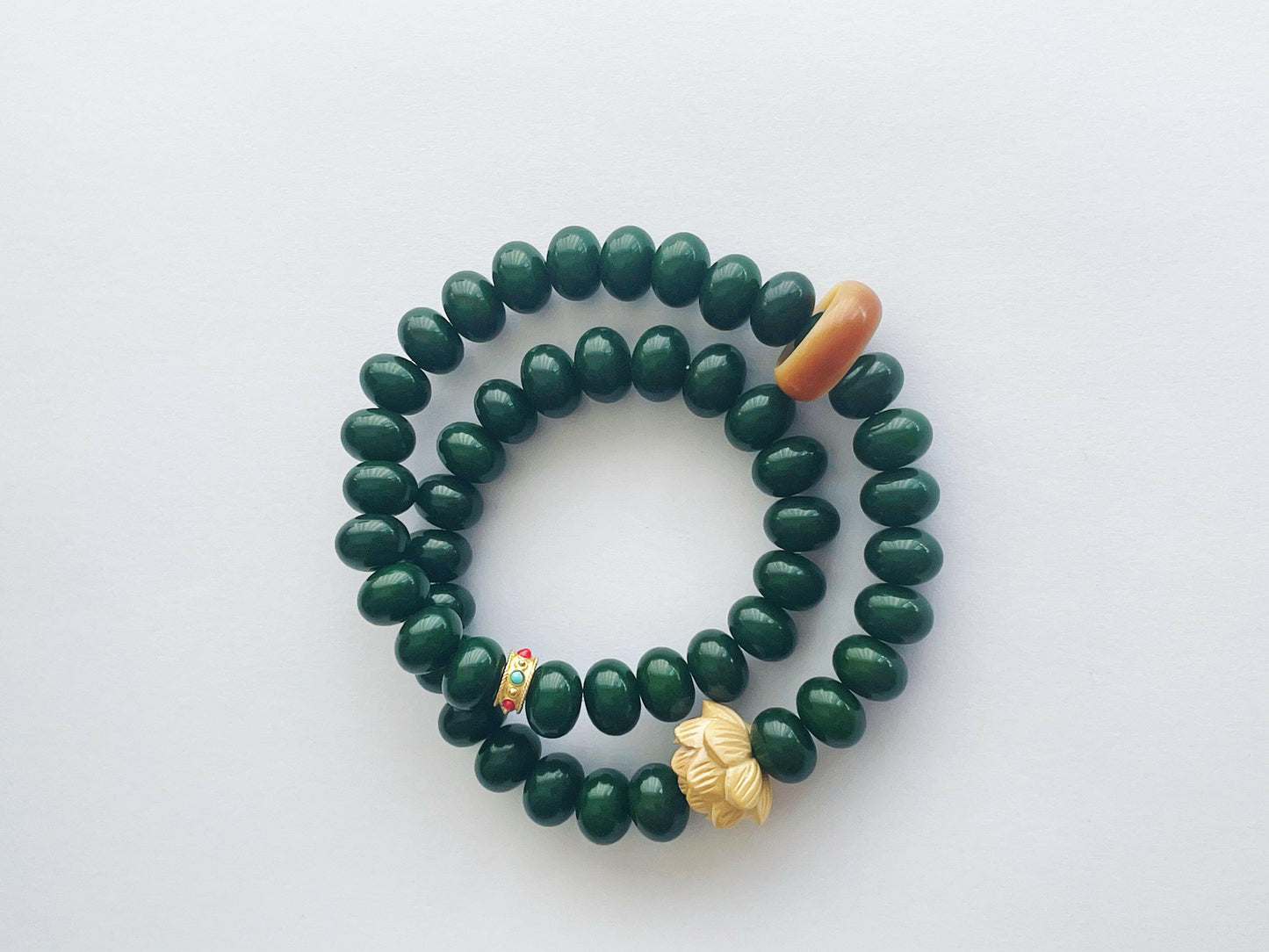 PEACEFUL CALM Natural Green Bodhi Seed Beads Lotus Charm Prayer Blessing Mala Long Bracelet.