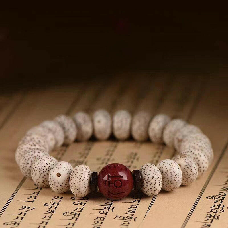 PROTECTION WELLBEING Natural White Bodhi Seeds Beads Red Cinnabar Om Mani Padme Hum Charm Bracelet.