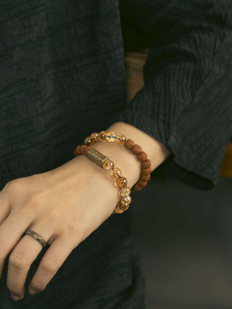 ZEN WEALTH FORTUNE Natural Citrine and Bodhi Seed Beads with Brass Charm Bracelet.