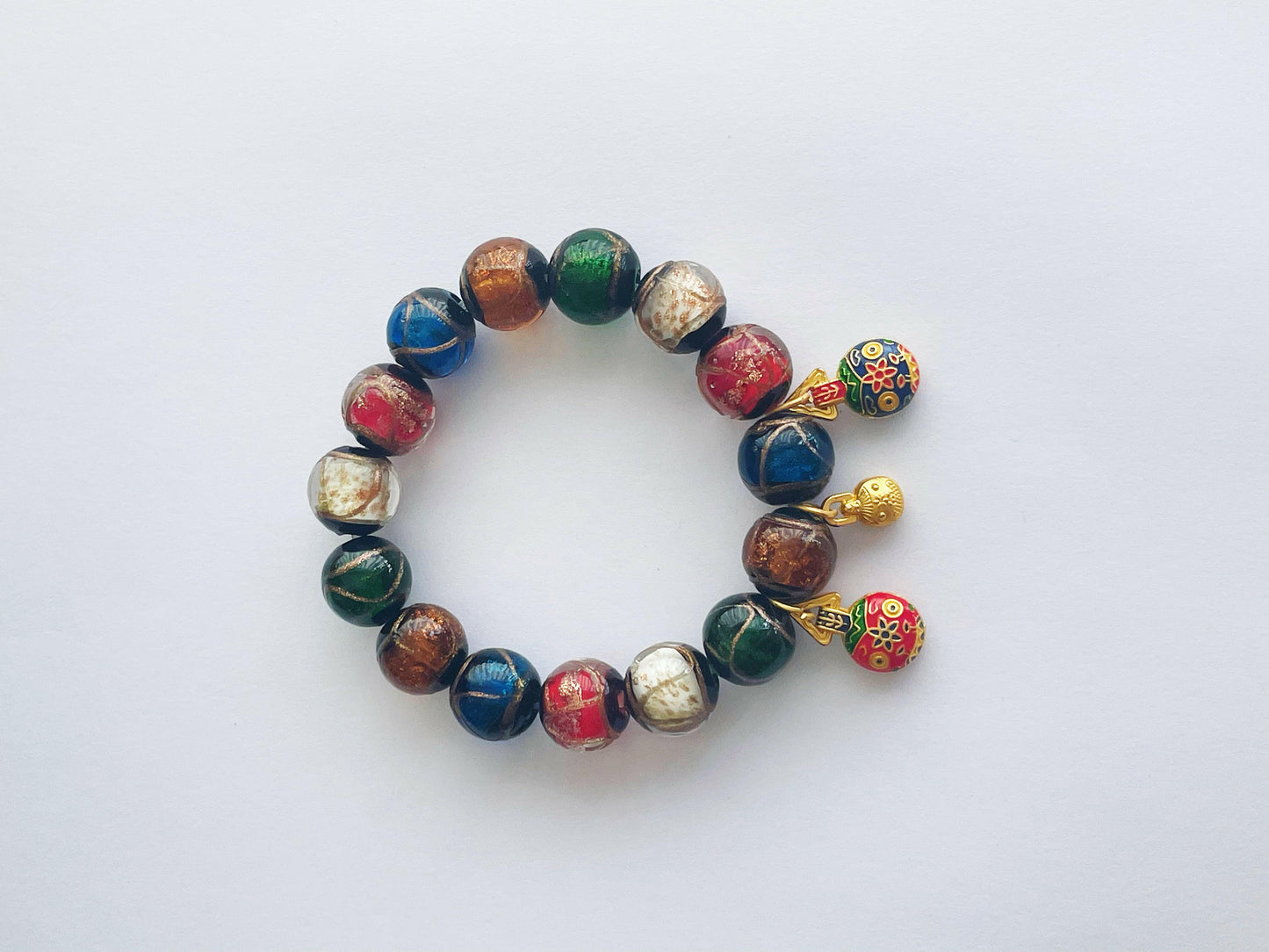 WEALTH FORTUNE SUCCESS Multicolor Temple Ash Glazed Beads Gold Swallowing Beast Charm Bracelet.