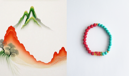 HEALTHY CALM LUCK Natural Blue Turquoise and Red Cinnabar Beads Koi Charm Bracelet.