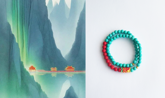 HEALTHY CALM LUCK Natural Blue Turquoise and Red Cinnabar Beads Koi Charm Long Bracelet.