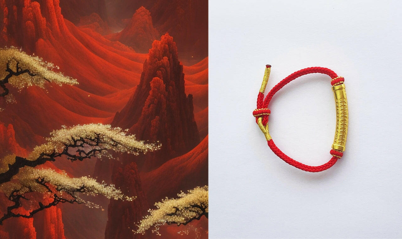 LUCKY PROTECTION Adjustable Red Lucky Woven String Gold Plated Om Mani Padme Hum Bracelet.