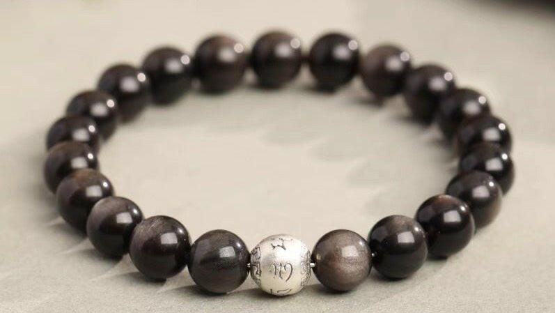 Natural Obsidian Six-Word Mantra Bracelet – Protection and Spiritual Wisdom