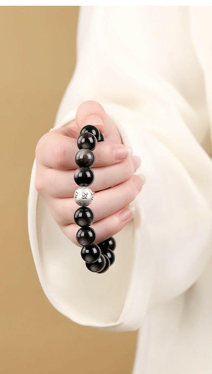 Natural Obsidian Six-Word Mantra Bracelet – Protection and Spiritual Wisdom.