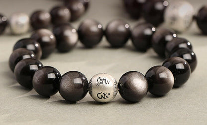 Natural Obsidian Six-Word Mantra Bracelet – Protection and Spiritual Wisdom.