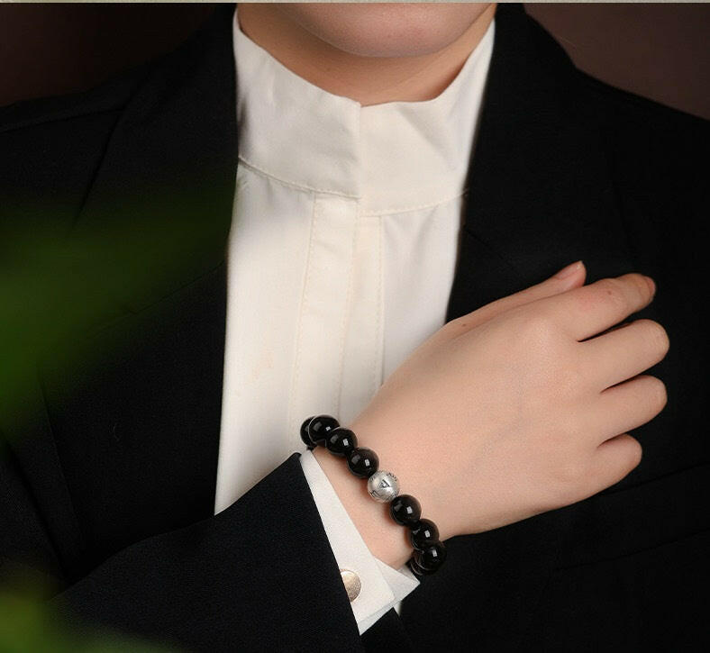 Natural Obsidian Six-Word Mantra Bracelet – Protection and Spiritual Wisdom.