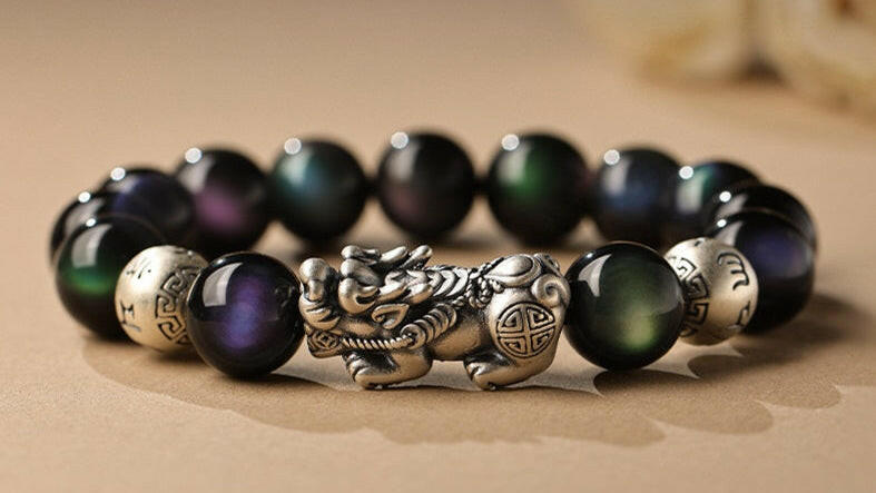 Natural Rainbow Obsidian Bracelet with Pixiu Charm for Wealth and Protection