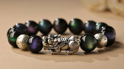 Natural Rainbow Obsidian Bracelet with Pixiu Charm for Wealth and Protection
