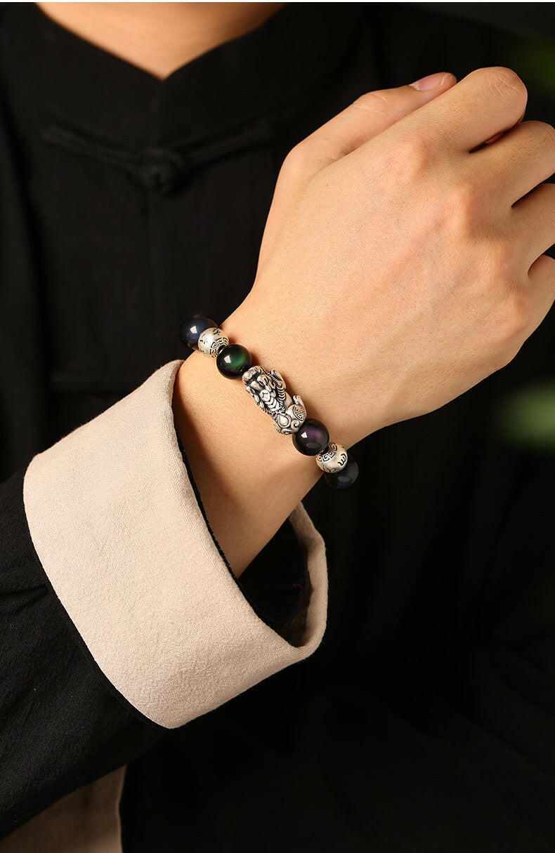 Natural Rainbow Obsidian Bracelet with Pixiu Charm for Wealth and Protection.