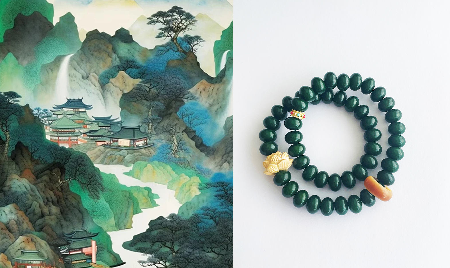 PEACEFUL CALM Natural Green Bodhi Seed Beads Lotus Charm Prayer Blessing Mala Long Bracelet.