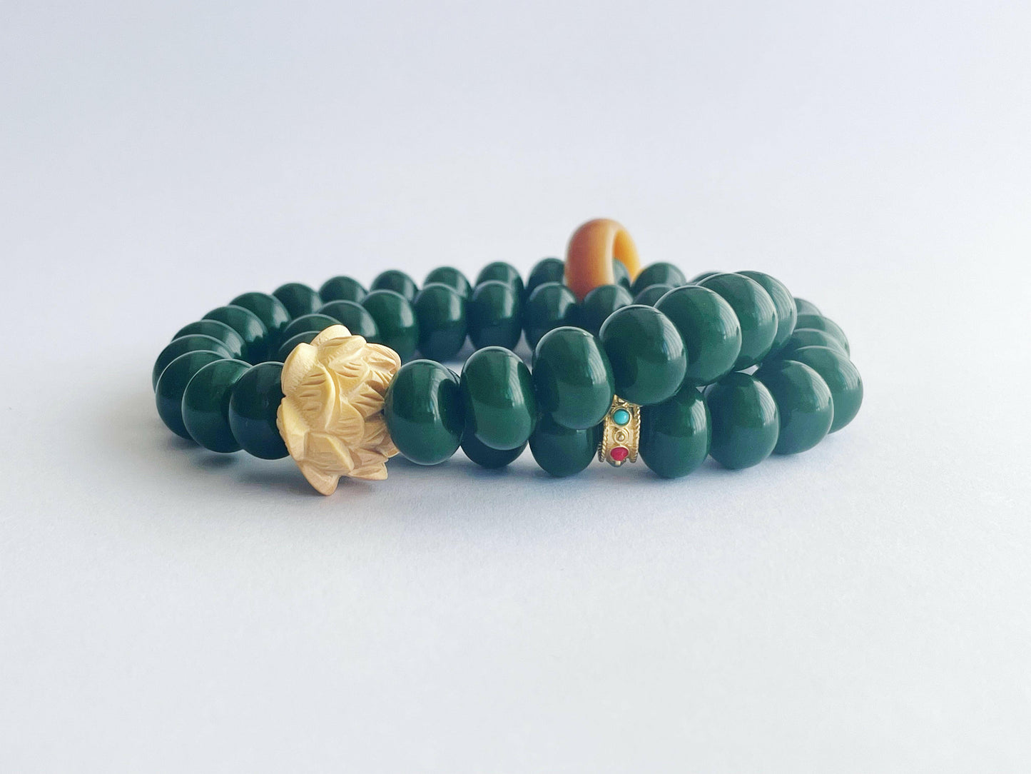PEACEFUL CALM Natural Green Bodhi Seed Beads Lotus Charm Prayer Blessing Mala Long Bracelet.
