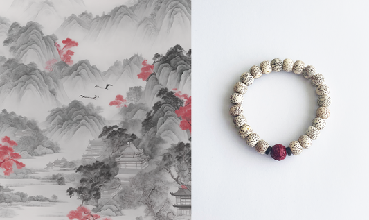 PROTECTION WELLBEING Natural White Bodhi Seeds Beads Red Cinnabar Om Mani Padme Hum Charm Bracelet.