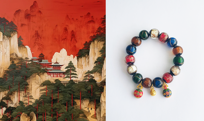 WEALTH FORTUNE SUCCESS Multicolor Temple Ash Glazed Beads Gold Swallowing Beast Charm Bracelet.