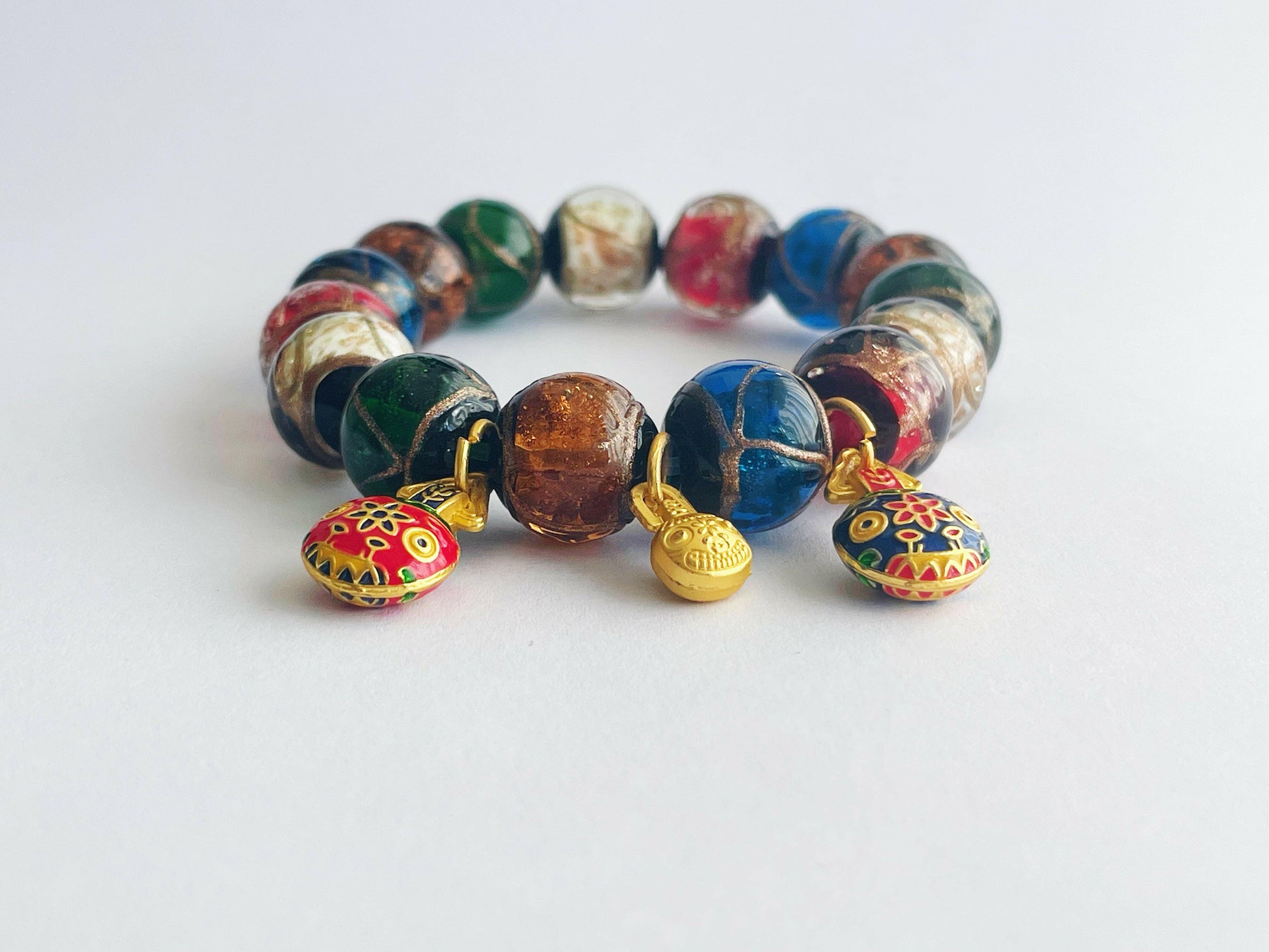 WEALTH FORTUNE SUCCESS Multicolor Temple Ash Glazed Beads Gold Swallowing Beast Charm Bracelet.