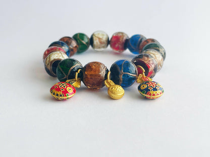 WEALTH FORTUNE SUCCESS Multicolor Temple Ash Glazed Beads Gold Swallowing Beast Charm Bracelet.